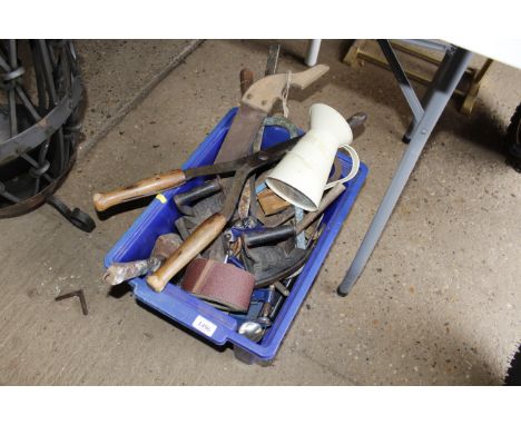 A box containing a quantity of tools, flatirons etc 