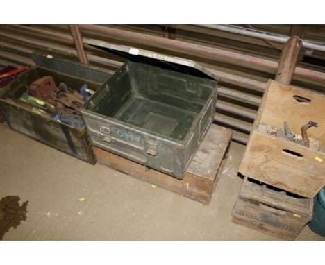 An ammunition case and wooden tool chest 