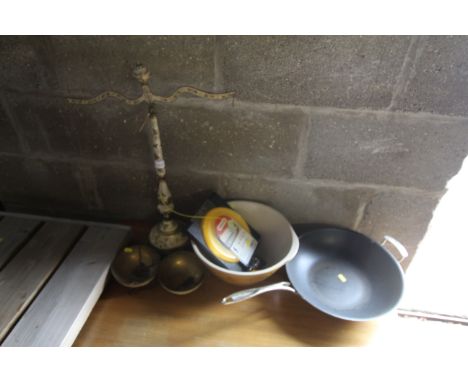 Various sundries to include scales, bowls, strimmer cord, wok etc