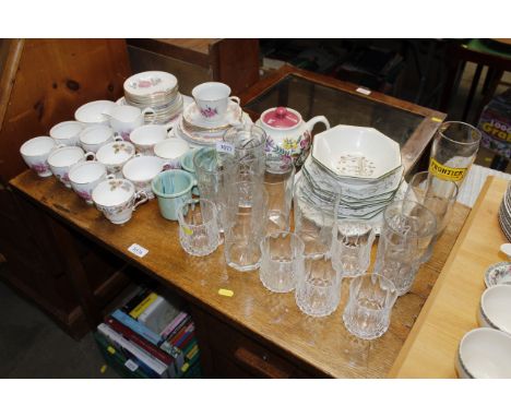 A collection of various drinking glasses, Johnson Brothers 'Eternal Bow' patterned dinner ware, Duchess tea ware, bone china 
