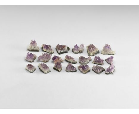 A group of twenty amethyst crystal clusters ranging in colour from pale to deep purple. See Bonewitz, Dr. Ronald Louis, Rocks