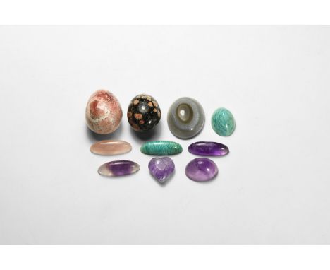 A group of ten cut and polished gemstone specimens comprising of: four amethyst, two amazonite, one rose quartz, one agate, o