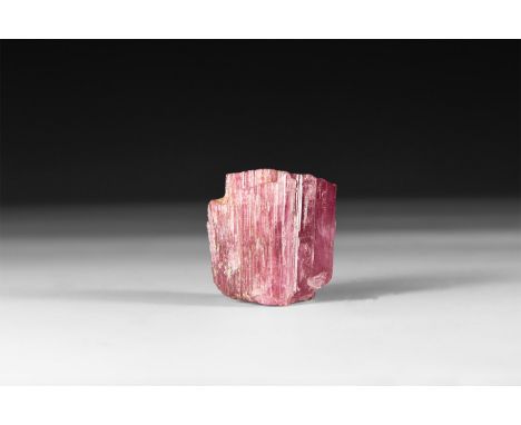 A large well-terminated dark pink crystal of rubellite tourmaline with striated prism faces, in white card tray.  27 grams, 2