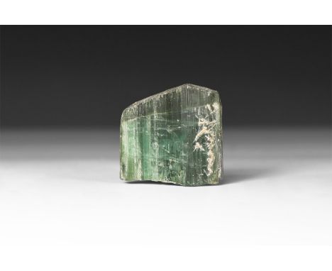 A large fine specimen of a deep green tourmaline, in white card tray with label reading: 'Tourmaline, Minas Gerais, Brazil'. 