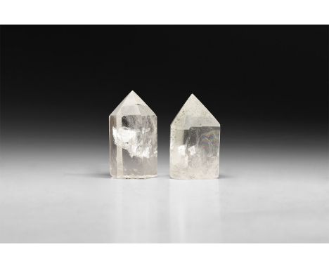 A pair of cut transparent quartz crystals with a rainbow reflection.  383 grams total, 72-75mm (3"). From a historic ‘Victori
