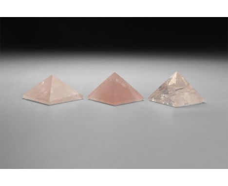 A group of three finely cut rose quartz pyramids.  51 grams total, 27-31mm (1 - 1 1/4"). From a historic ‘Victorian Museum’ c