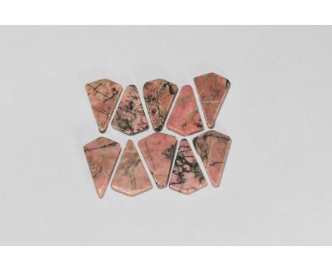 A group of ten finely cut and polished triangular plaques of pale pink rhodonite.  172 grams total, 48-54mm (2"). From a hist