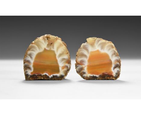 An unusual cut and polished agate nodule with central horizontal bands of orange surrounded by white feather-like lines.  197