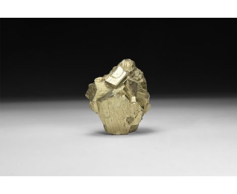 A fine group of pyrite crystals (Fool's gold) with large pyritohedral crystallisation and bright faces; in a white card tray 