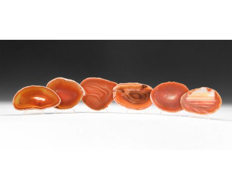 A group of six cut and polished agate slices with orange and white colour bands, colour enhanced.  563 grams total, 11-13cm (