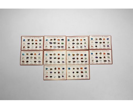 A group of ten 'Gemstones of the World' cards mounted with a variety of 'tumblestone' polished mineral samples and with descr