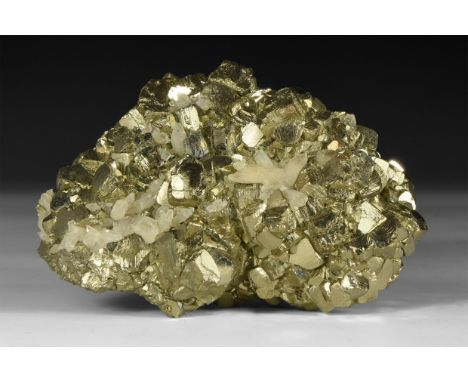 A fine specimen of lustrous pyrite (Fool's Gold) crystals with milky-white quartz crystals, in white card tray with label rea