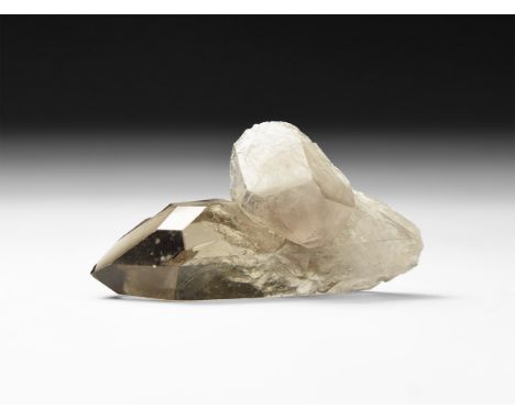 A fine specimen of three joined smoky quartz crystals, in white card tray with label reading: 'Smoky Quartz, Minas Gerais, Br