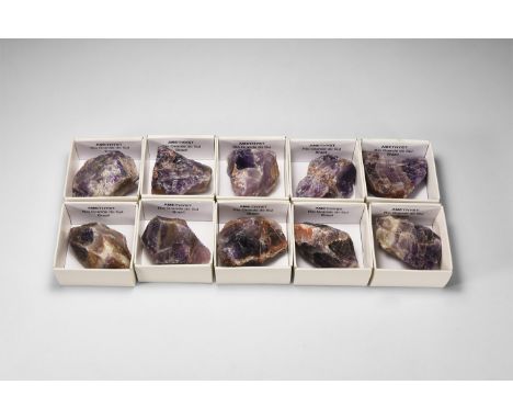 A group of ten amethyst specimens, each in a white card tray with a card reading: 'Amethyst, Rio Grande de Sul, Brazil'.  631