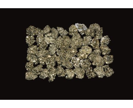A group of fifty pyrite crystal specimens from Peru.  908 grams total, 29-35mm (1 1/4"). From a historic ‘Victorian Museum’ c