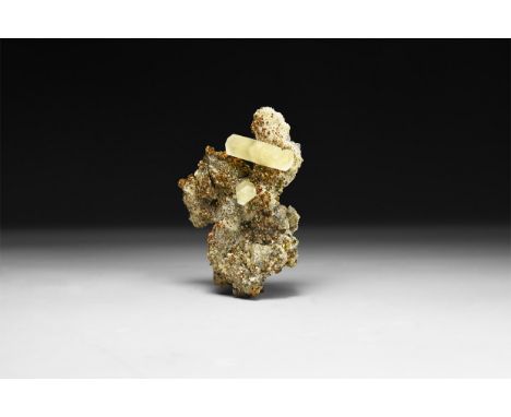 A fine specimen of calcite and chalcopyrite crystals on matrix, with smaller sections of galena; in white card tray with labe