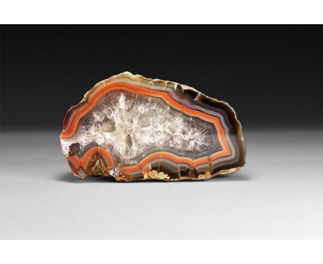 A cut and polished half of an agate nodule showing bands of blue, red and brown to the border, honeycomb quartz crystal to th