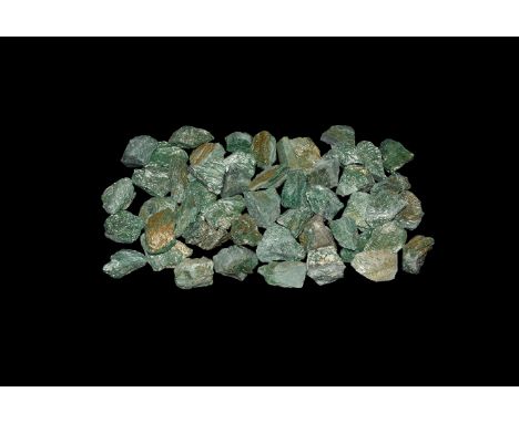 A group of fifty green fuchsite mica mineral specimens from Brazil.  1.1 kg total, 35-52mm (1 1/2 - 2"). From a historic ‘Vic