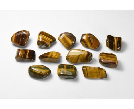 A group of twelve polished natural Tiger's eye mineral specimens.  268 grams, 33-40mm (1 1/4 - 1 3/4"). From a historic ‘Vict