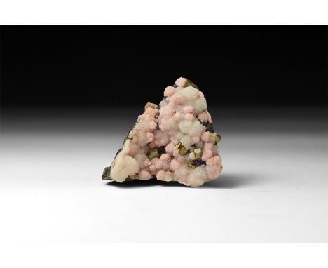 A fine specimen of white quartz, lustrous pyrite and pink rhodochrosite crystals on a galena matrix; in white card tray.  65 