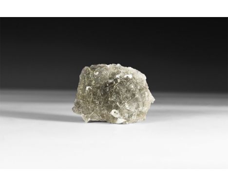 A fine specimen of fluorite cubes formation with flakes of haematite, in white card tray with label reading: 'Fluorite with h