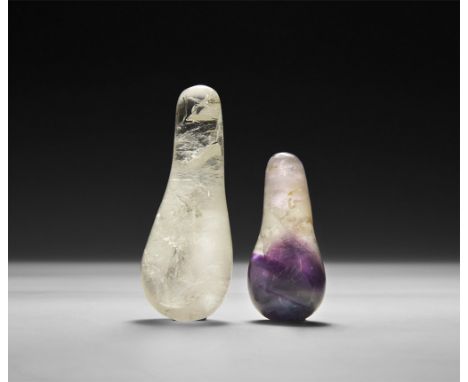 A group of polished pear-shaped 'massage tools' of quartz and fluorite, in white card tray.  211 grams total, 67-90mm (2 1/2 