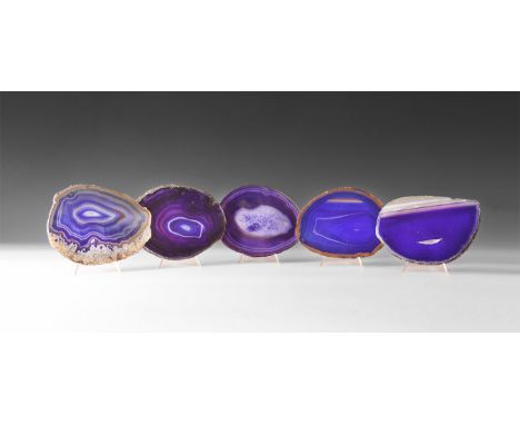 A group of five cut and polished agate slices with bands of purple colour and honeycomb crystals to the centre, colour enhanc