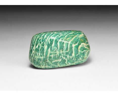 A large polished Amazonite pebble with green and white flecked surface.  200 grams, 70mm (2 3/4"). From a historic ‘Victorian
