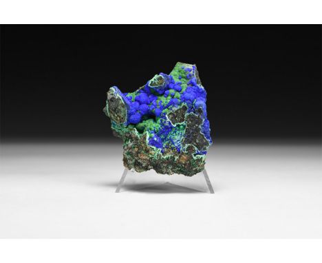 A fine specimen of malachite on matrix, with clusters of spherical azurite aggregates to one side, in white card tray with la