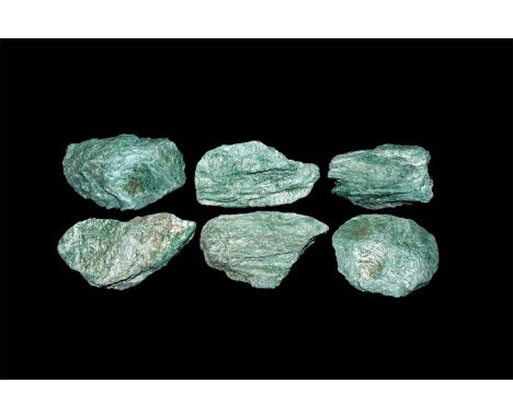 A group of six large green and white irregular amazonite specimens.  1.9 kg total, 9-11cm (3 3/4 - 4 1/4"). From a historic ‘