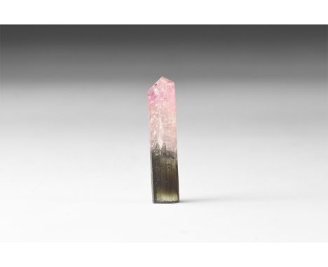 A very fine specimen of tourmaline with pink and green segments, in a protective plastic box and white card tray.  25 grams, 