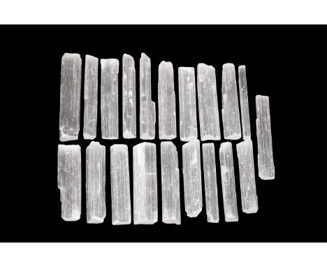 A group twenty satin spar gypsum columns, each with striated surfaces and chatoyant lustre.  55-62mm (2 1/4 - 2 1/2"). From a