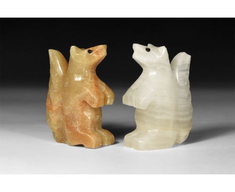 A pair of carved and polished squirrel statuette, one from white and one from brown onyx.  206 grams total, 66mm (2 1/2"). Fr