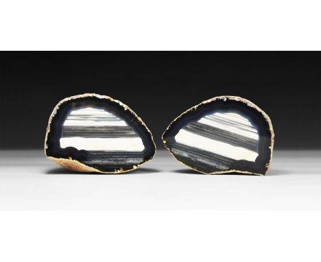 A fine cut and polished agate nodule with horizontal bands of white and blue.  671 grams total, 89mm (3 1/2"). From a histori