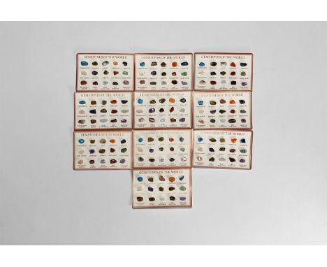A group of ten 'Gemstones of the World' cards mounted with a variety of 'tumblestone' polished mineral samples and with descr