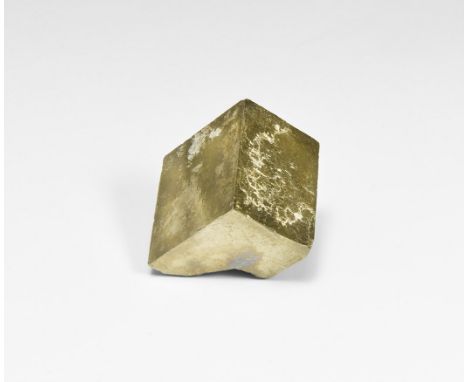 A large cube of pyrite with evenly formed faces and a metallic lustre, in a white card box with label reading: 'Pyrite, Huanu
