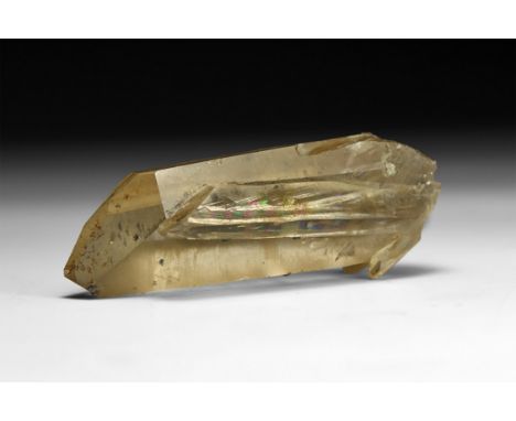 A fine specimen of anatase crystals developed on the outside of two joined smoky quartz crystals, in white card tray.  58 gra