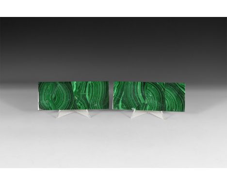 A pair of cut and polished rectangular malachite composite plaques, each with bands of dark and pale green colour.  196 grams