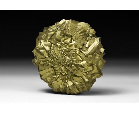 A group of large pyrite (Fool's Gold) crystals circled around central area with smaller crystals, in white card tray.  314 gr