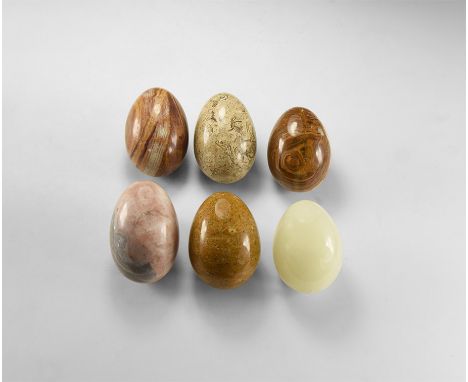 A group of six large gemstone eggs including: agate, jasper and onyx.  1.53 kg total, 68-73mm (2 3/4 - 3"). From the historic