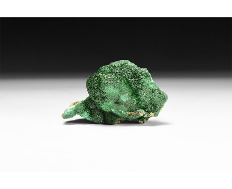 A fine specimen of crystalline malachite on a matrix, in white card tray with label reading: 'Malachite, D.R.Congo'.  194 gra