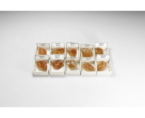 A group of ten irregular yellow calcite mineral specimens from Mexico, each in a card tray.  395 grams total, 27-52mm (1 - 2"