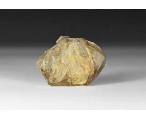 A fine specimen of a fenster quartz specimen, in white card tray with label reading: 'Fenster Quartz Elestial, Paredon, Coahu