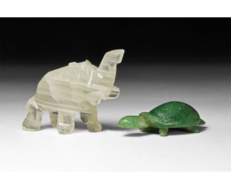 A group of cut and polished stone animals comprising of: white onyx elephant and green agate tortoise or turtle.  76 grams to