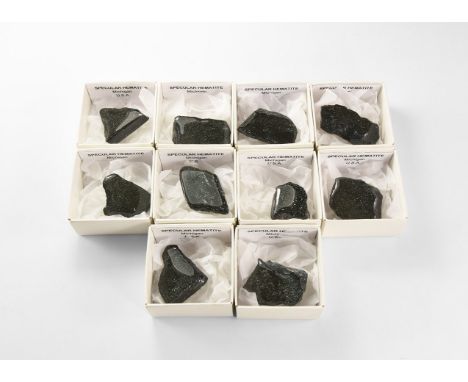 A group of ten fine specimens of specular hematite, each in white card tray with label reading: 'Specular Hematite, Michigan,