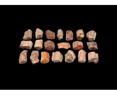 Jurassic Period, 199-145 million years BP. A group of twenty branch sections of a petrified wood.  998 grams, 41-52mm (1 1/2 