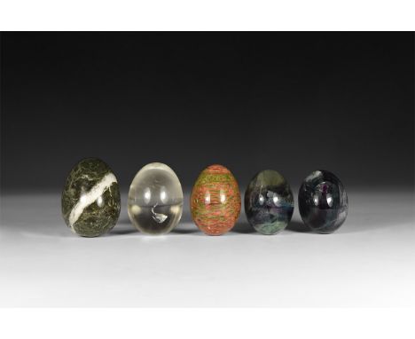 A group of five mineral specimens including quartz crystal, presented as polished eggs.  762 grams total, 51-63mm (2 - 2 1/2"