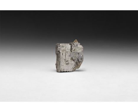 A piece of galena with interlocking and stepped cube-shaped crystals, in white card tray with label reading: GALENA, Tri-Stat