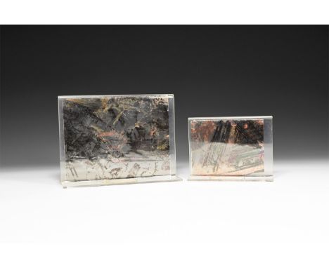 Group comprising: two natural thin rectangular panes of mica (muscovite) showing lenticular patterns of red to grey mineral i