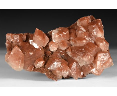 A fine specimen of red calcite crystals on a matrix, in white card tray.  348 grams, 12cm (4 3/4"). From a historic ‘Victoria